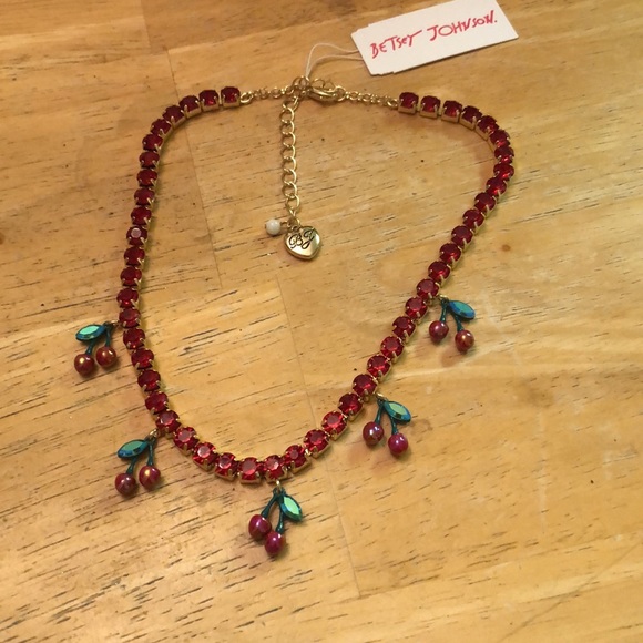 Betsey Johnson Gold Tone Red Crystal Tennis Necklace With Cherry Charms NWT - Picture 8 of 12
